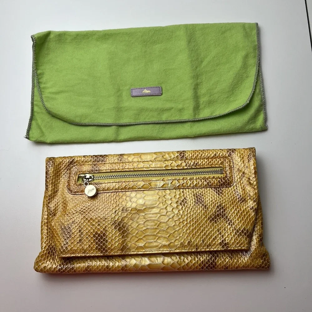 ABAS Snakeskin Embossed Yellow Brown Bag Clutch Purse